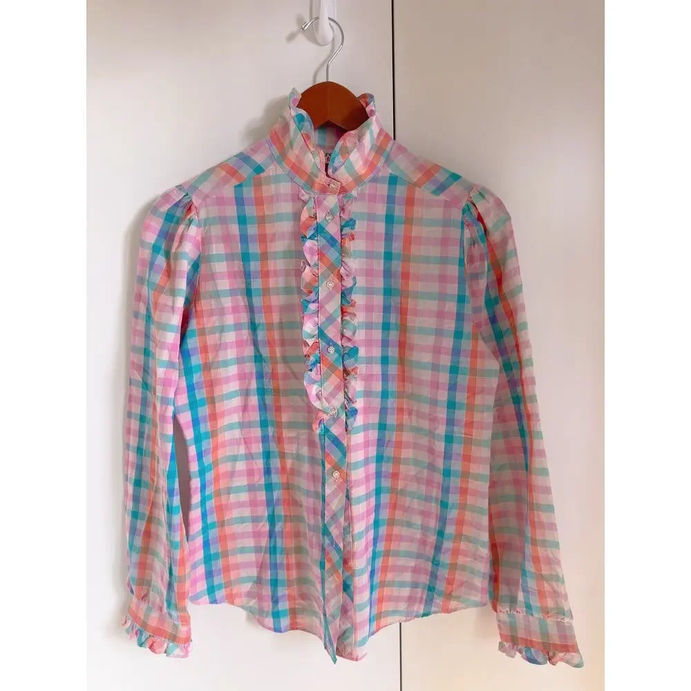 Vintage 80s Womens Plaid Ruffle Front Blouse Size Medium Twee Preppy Cottagecore - Picture 2 of 9